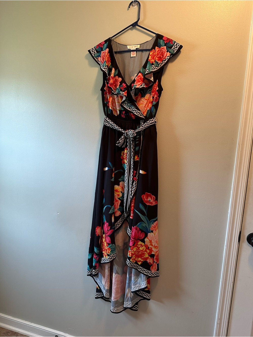 Flying Tomato Black Floral Maxi Dress Boho Ruffle Belted Handkerchief Hem